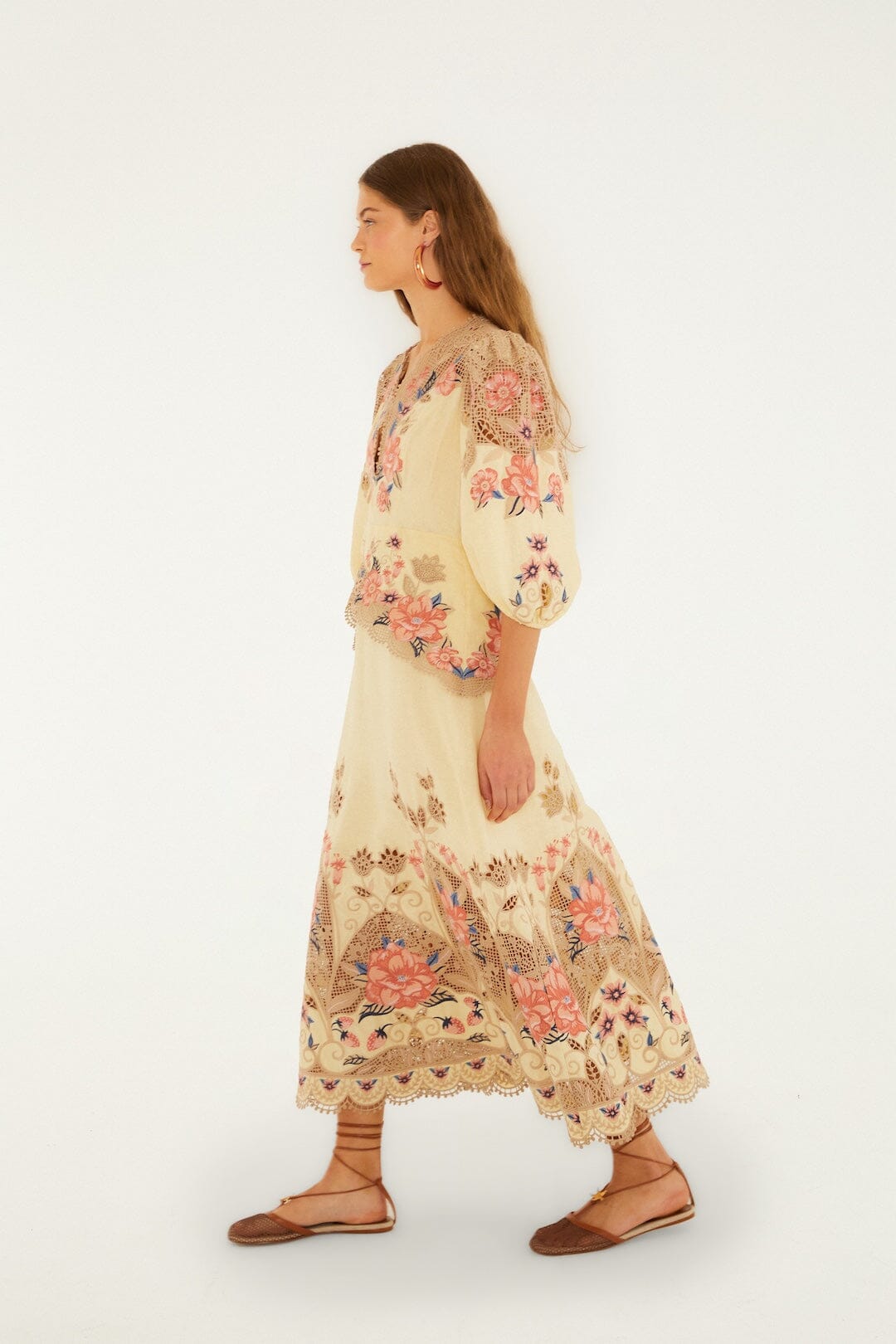 FARM Rio Shop Butter Yellow Embroidered Lenzing Ecovero Euroflax Midi Dress