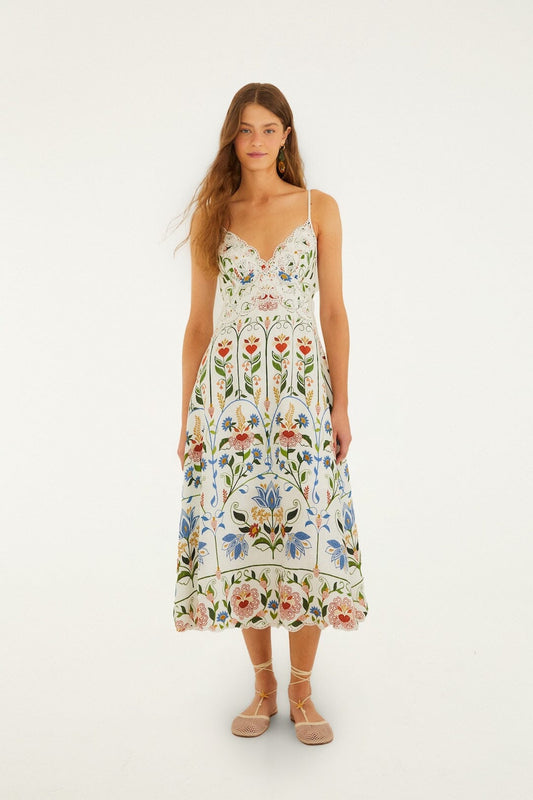 FARM Rio Shop Off-White Stitched Garden Euroflax Premium Linen Midi Dress