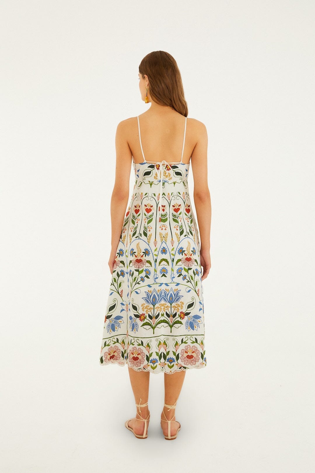FARM Rio Shop Off-White Stitched Garden Euroflax Premium Linen Midi Dress