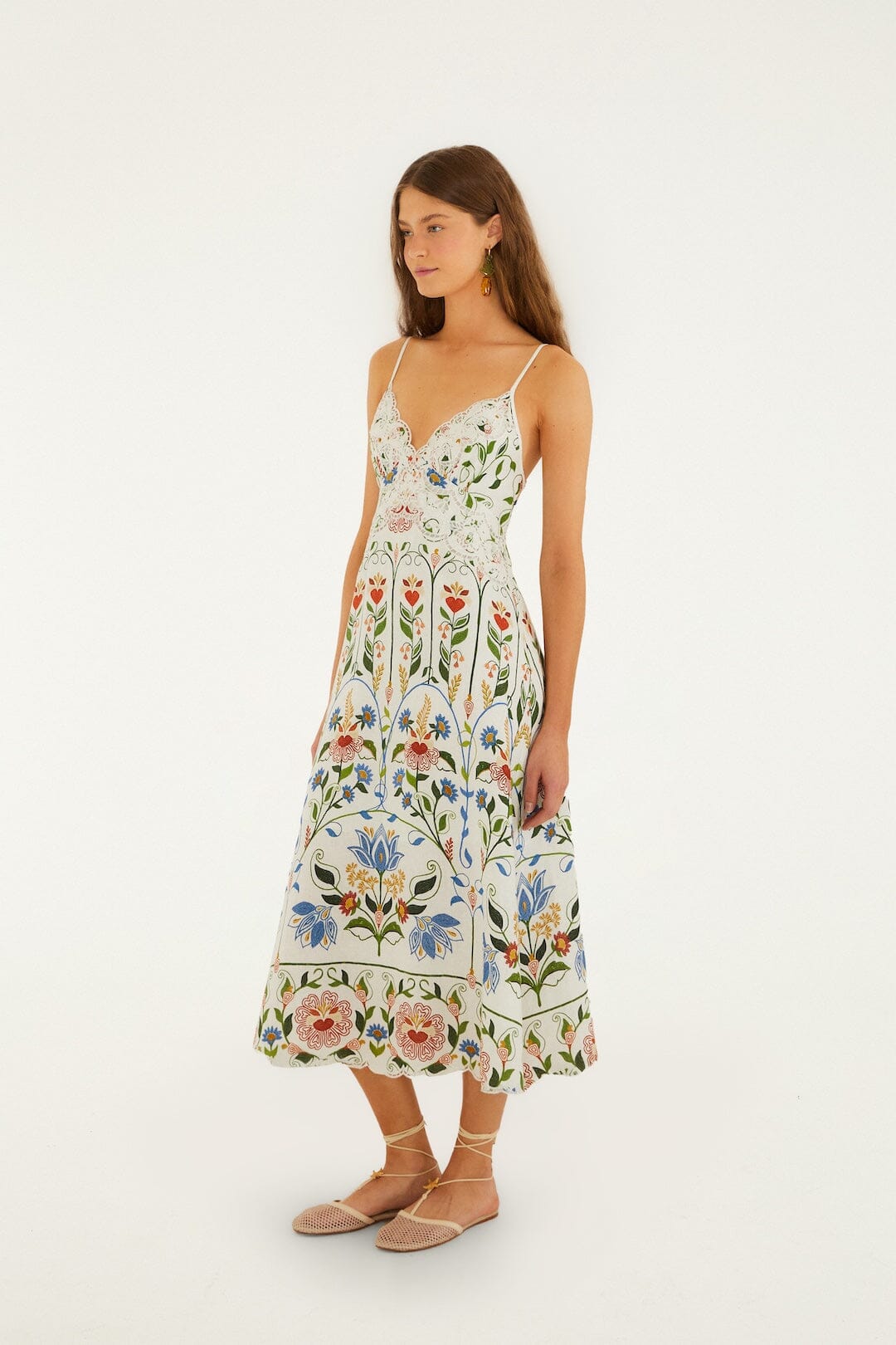 FARM Rio Shop Off-White Stitched Garden Euroflax Premium Linen Midi Dress