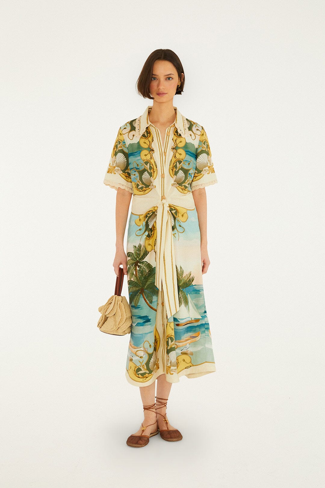 FARM Rio Shop Off-White Royal Sea Collared Lenzing Ecovero Euroflax Midi Dress
