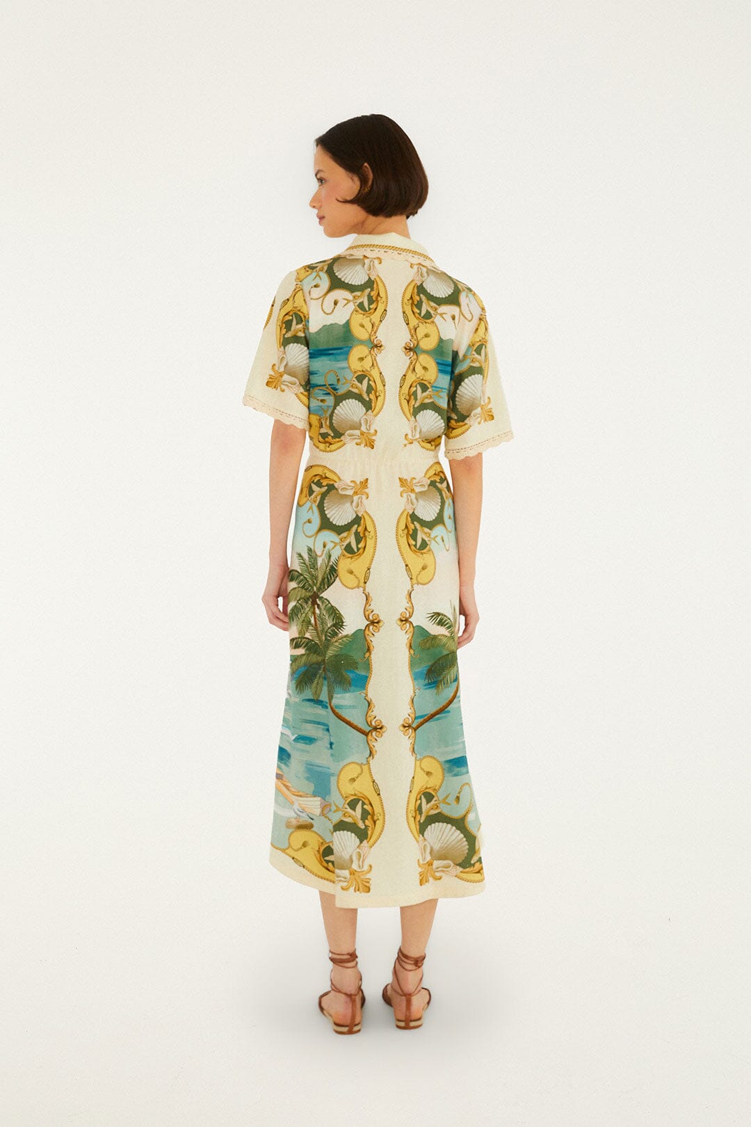 FARM Rio Shop Off-White Royal Sea Collared Lenzing Ecovero Euroflax Midi Dress