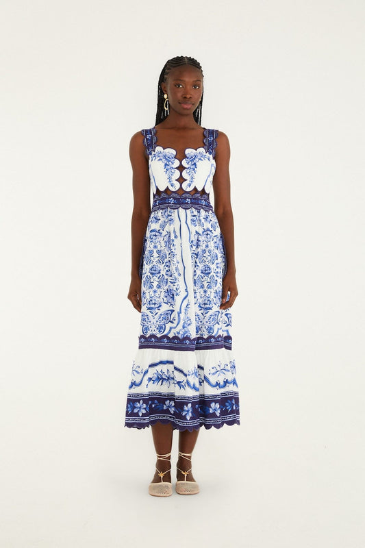FARM Rio Shop Off-White Porcelain Garden Cut-Out Lenzing Ecovero Euroflax Midi Dress