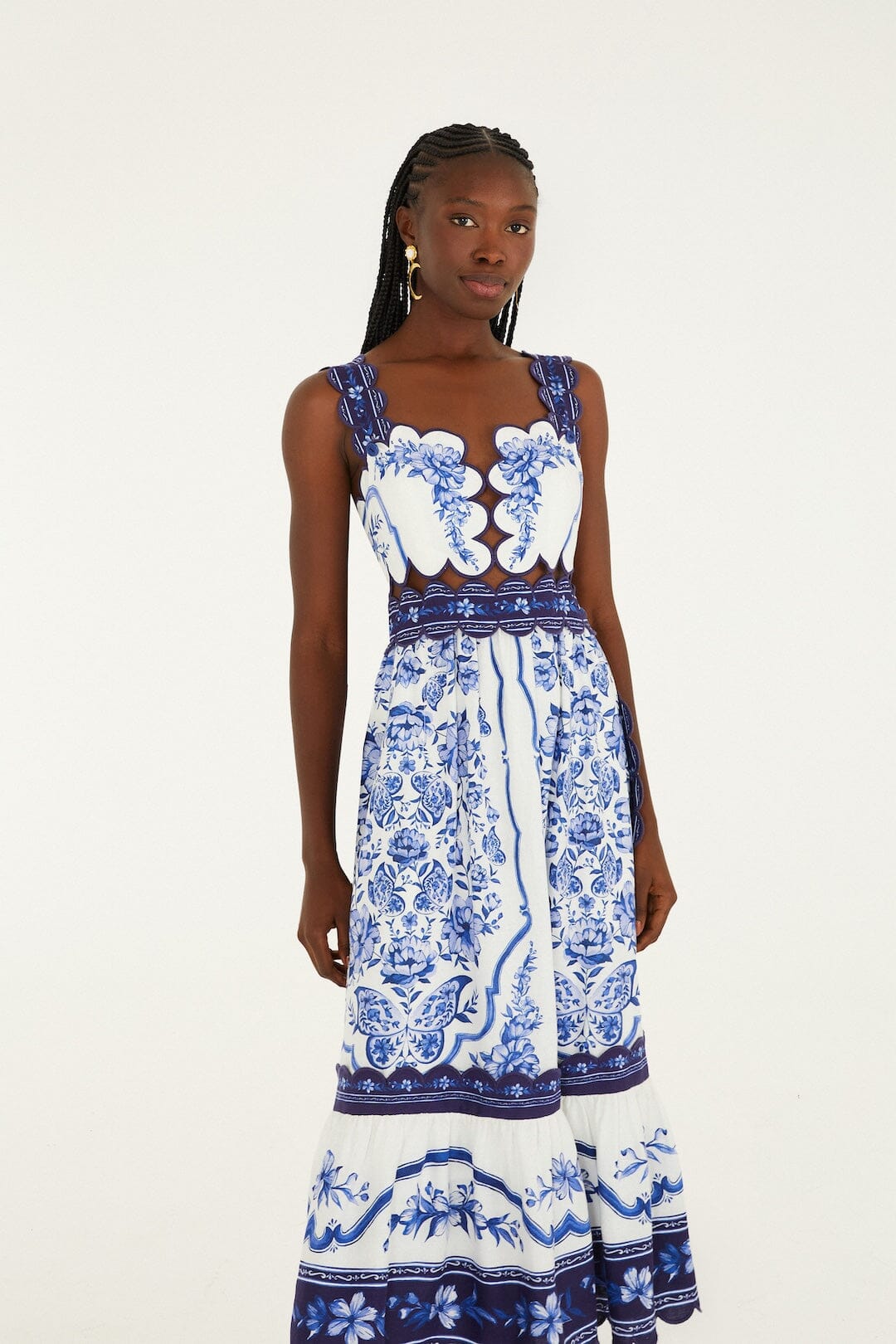 FARM Rio Shop Off-White Porcelain Garden Cut-Out Lenzing Ecovero Euroflax Midi Dress