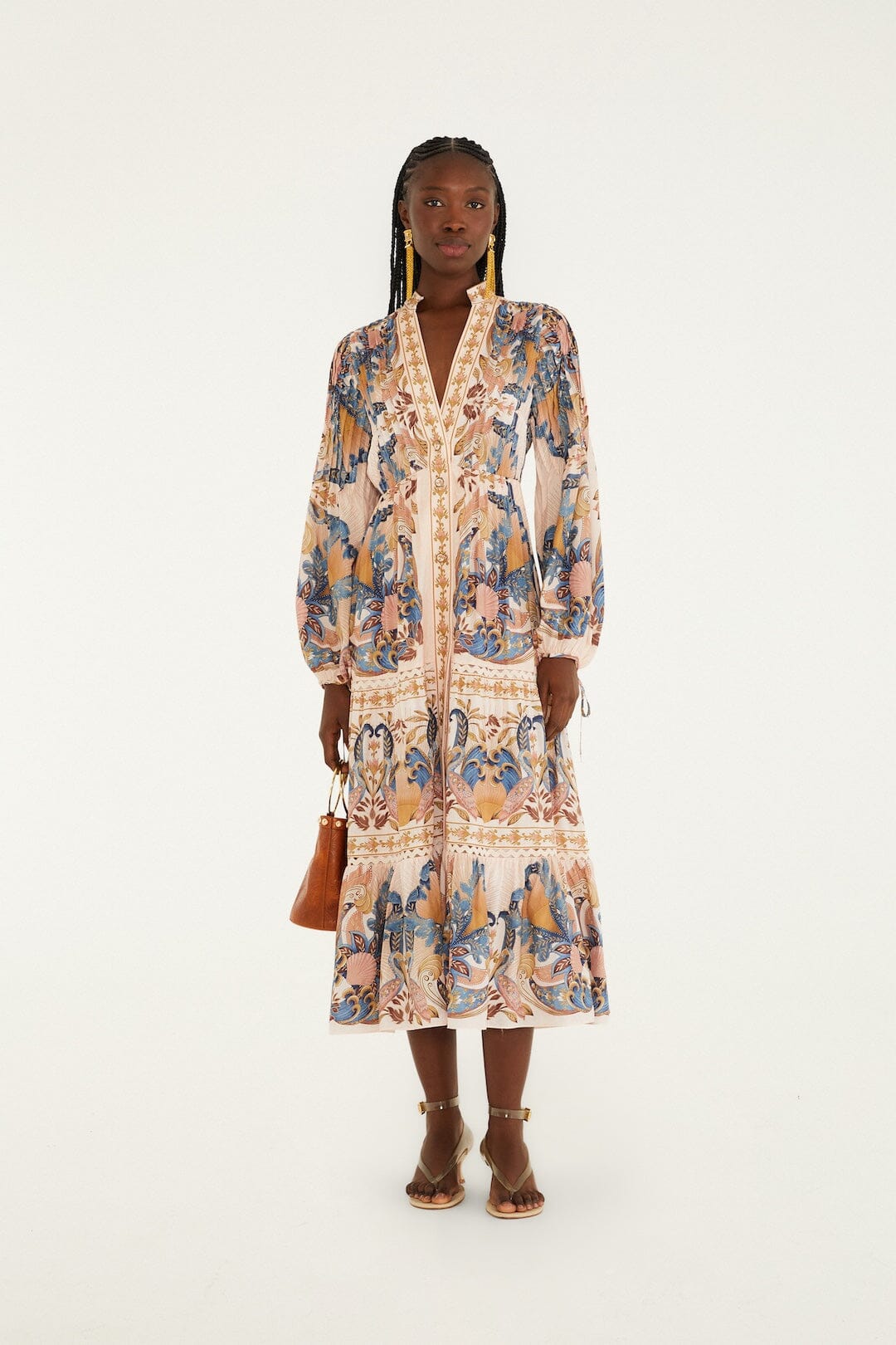 FARM Rio Shop Soft Pink Sea Garden Scarf Pleated Midi Dress