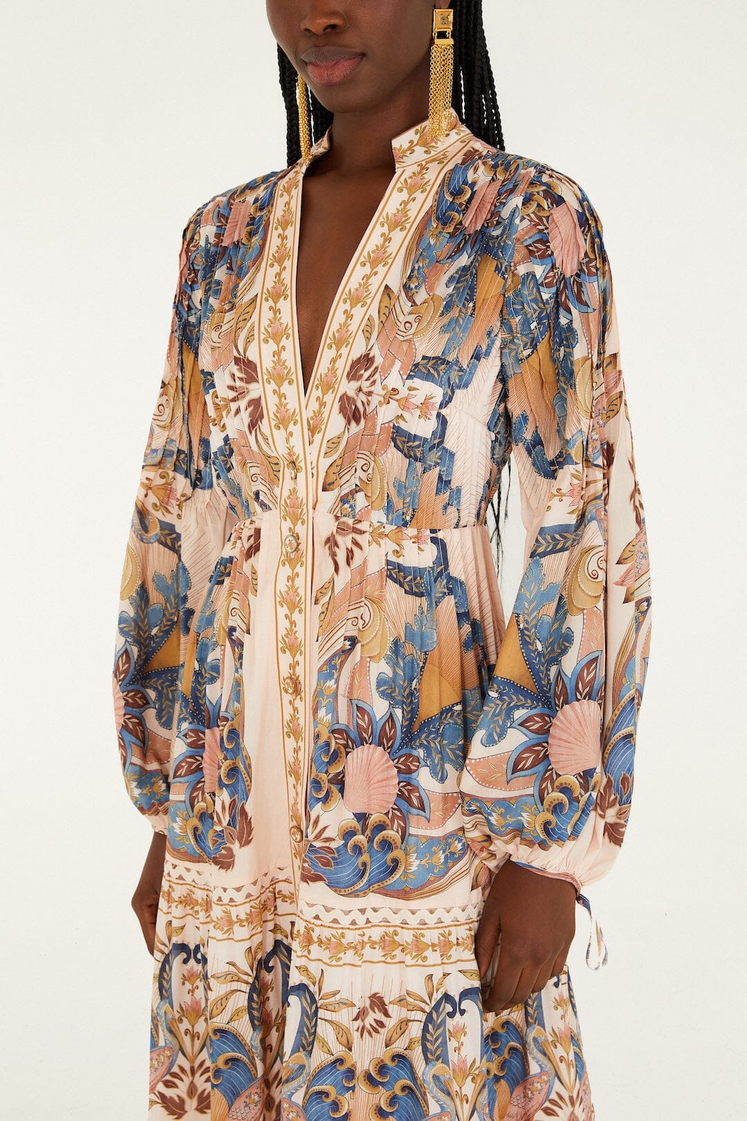 FARM Rio Shop Soft Pink Sea Garden Scarf Pleated Midi Dress