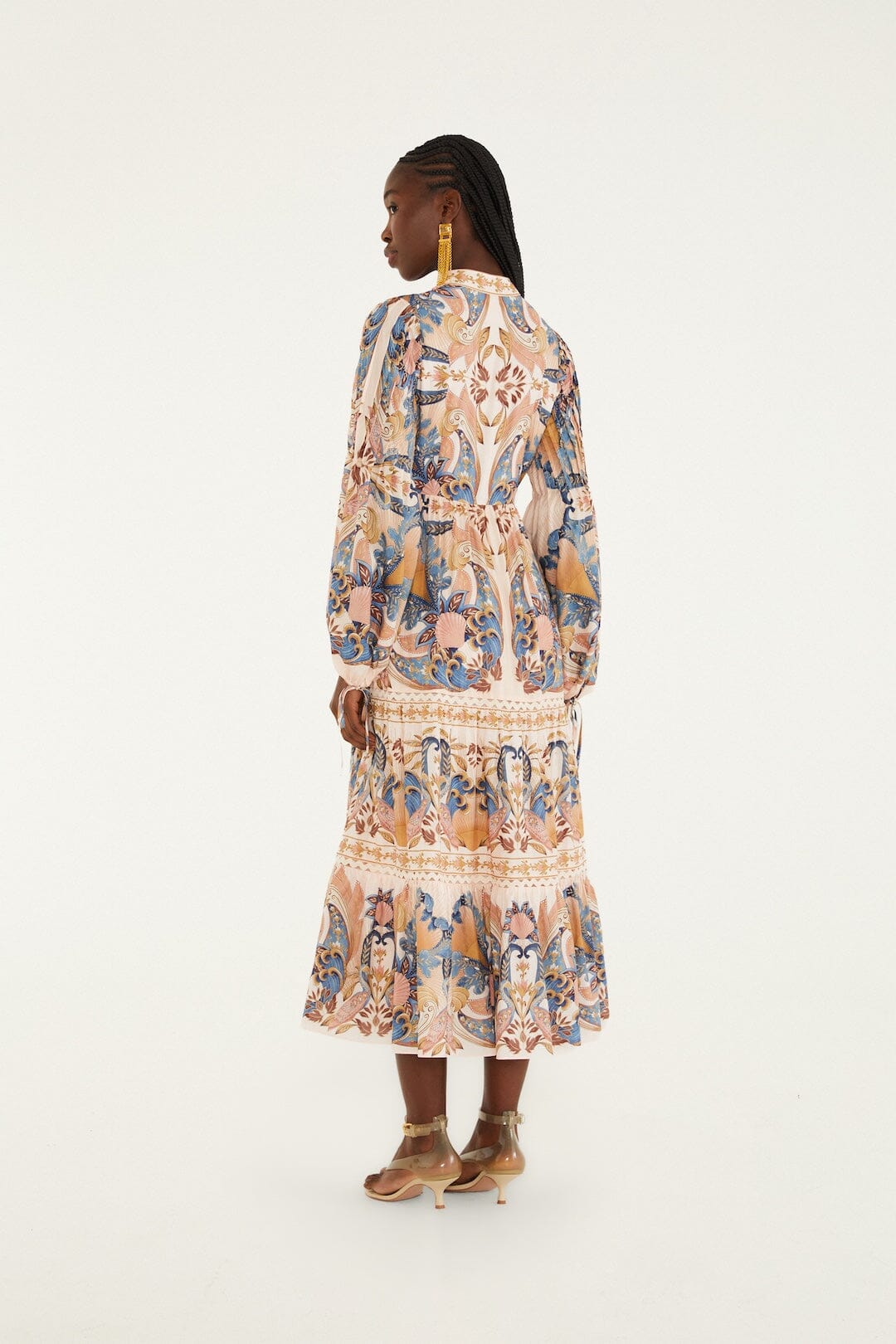 FARM Rio Shop Soft Pink Sea Garden Scarf Pleated Midi Dress