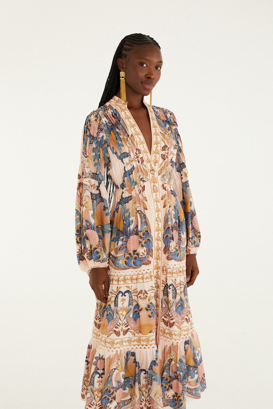 FARM Rio Shop Soft Pink Sea Garden Scarf Pleated Midi Dress