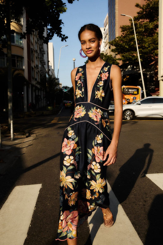 FARM Rio Shop Dark Blue Maira Floral Euroflax Premium Linen Midi Dress