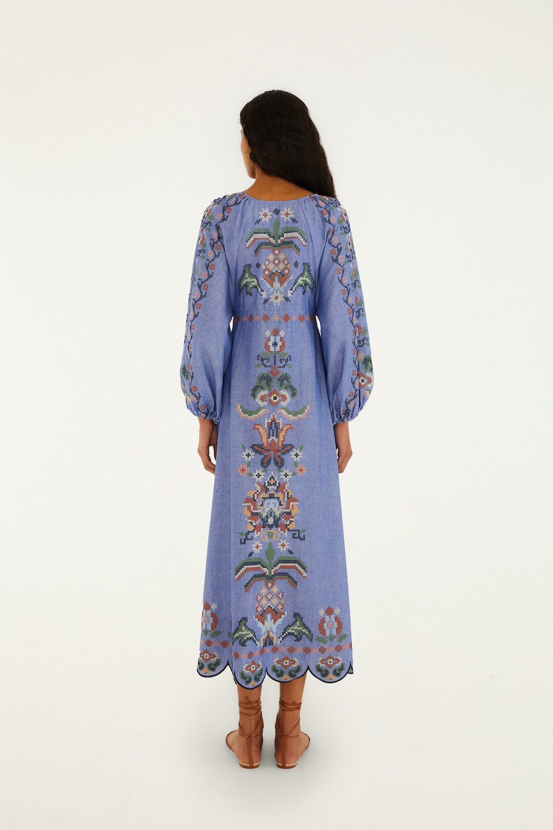 FARM Rio Shop Blue Garden Tapestry Embroidered Long Sleeve Midi Dress