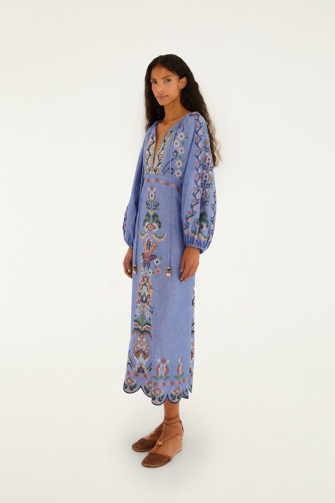 FARM Rio Shop Blue Garden Tapestry Embroidered Long Sleeve Midi Dress