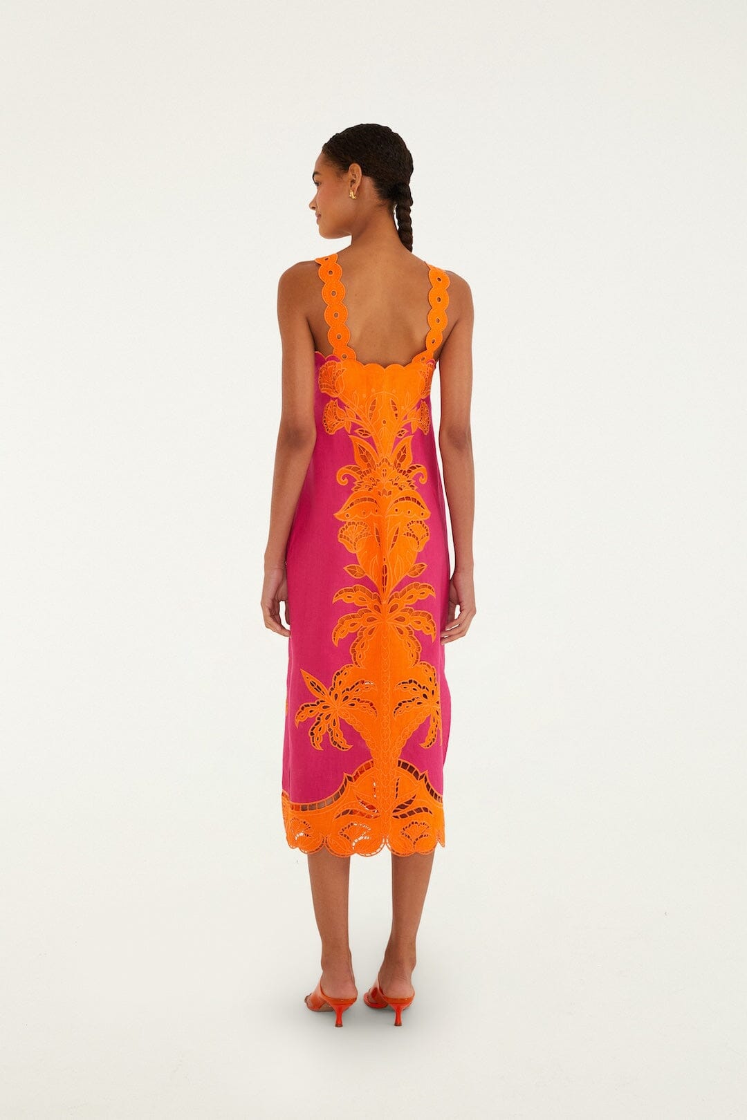 FARM Rio Shop Pinke Cutwork Euroflax Premium Linen Midi Dress