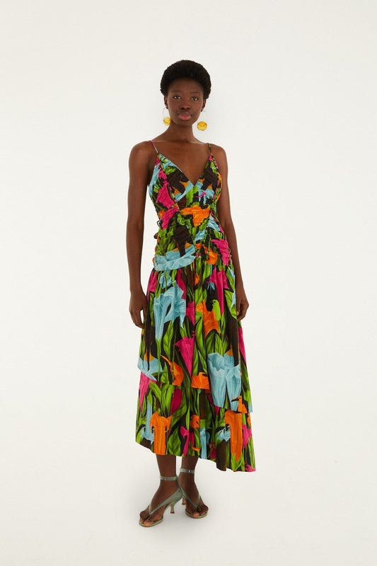 FARM Rio Shop Black Mujeres Y Flores Lenzing Ecovero Euroflax Midi Dress