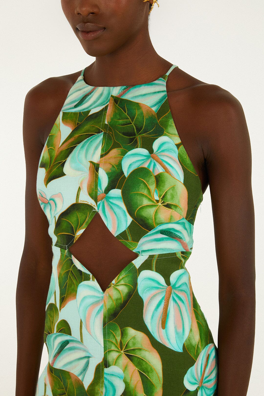 FARM Rio Shop Green Anthurium Leaves Cut-Out Euroflax Premium Linen Midi Dress