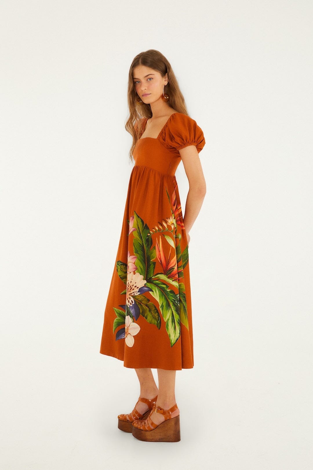 FARM Rio Shop Brown Hilo Arrangment Lenzing Ecovero Euroflax Midi Dress