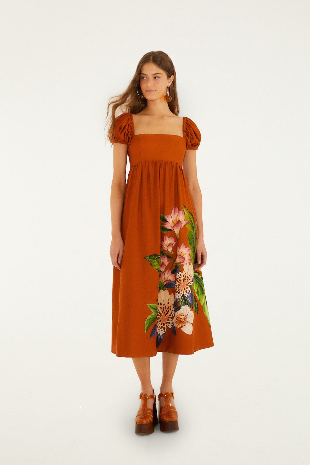 FARM Rio Shop Brown Hilo Arrangment Lenzing Ecovero Euroflax Midi Dress