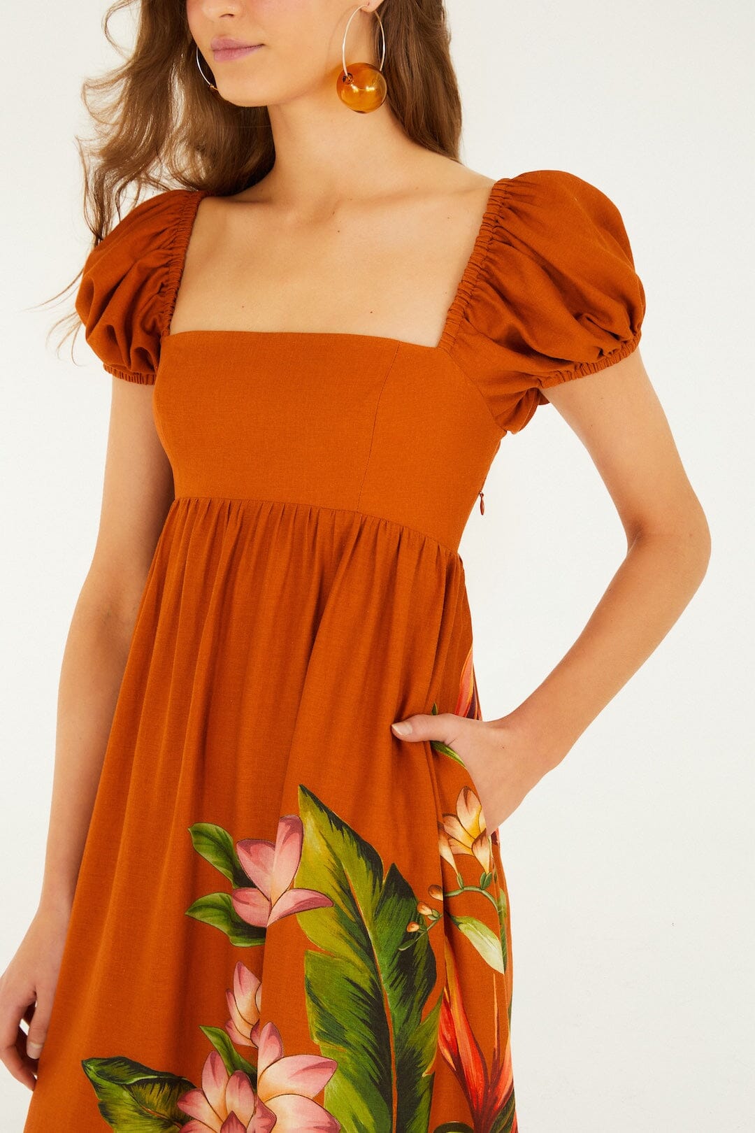FARM Rio Shop Brown Hilo Arrangment Lenzing Ecovero Euroflax Midi Dress