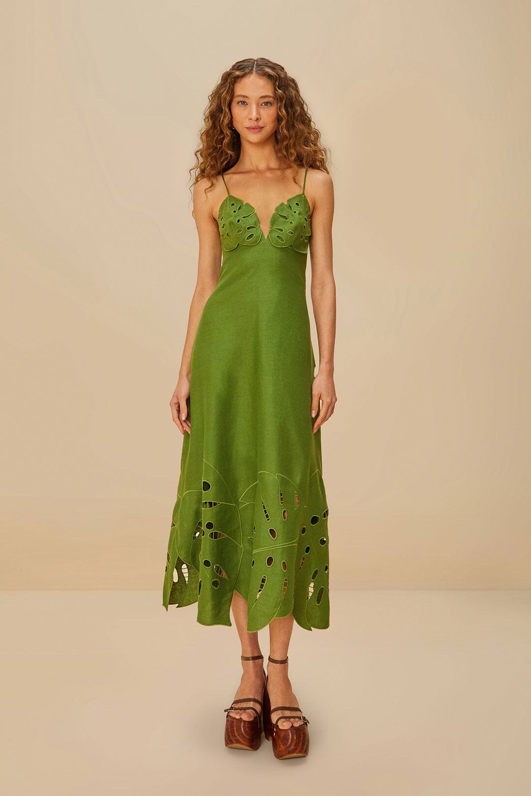 FARM Rio Shop Green Monstera Embroidered Euroflax™ Premium Linen Midi Dress