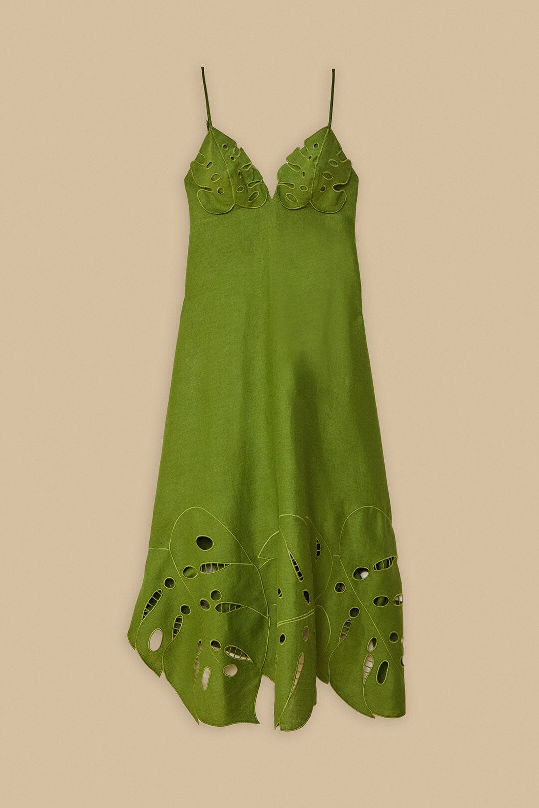 FARM Rio Shop Green Monstera Embroidered Euroflax™ Premium Linen Midi Dress