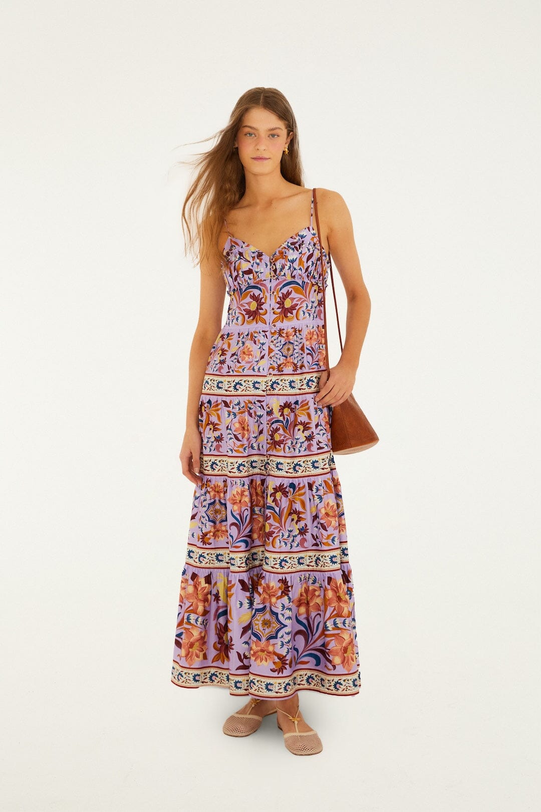FARM Rio Shop Lilac Flower Tiles Sleeveless Tiered Maxi Dress