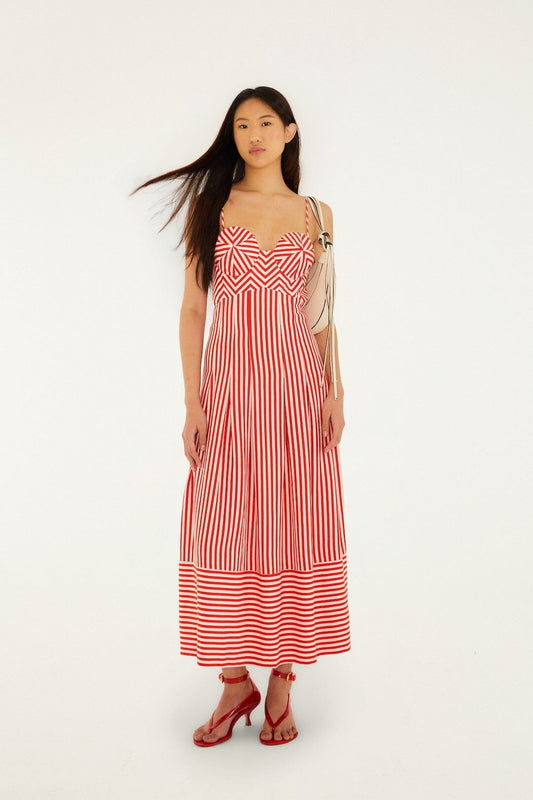 FARM Rio Shop Off-White Checkered Stripes Sleeveless Lenzing Ecovero Euroflax Maxi Dress