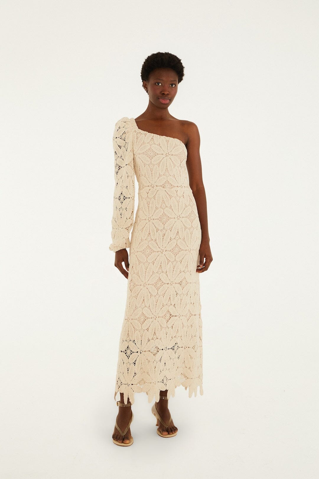 FARM Rio Shop Off-White One-Shoulder Crochet Flower Maxi Dress