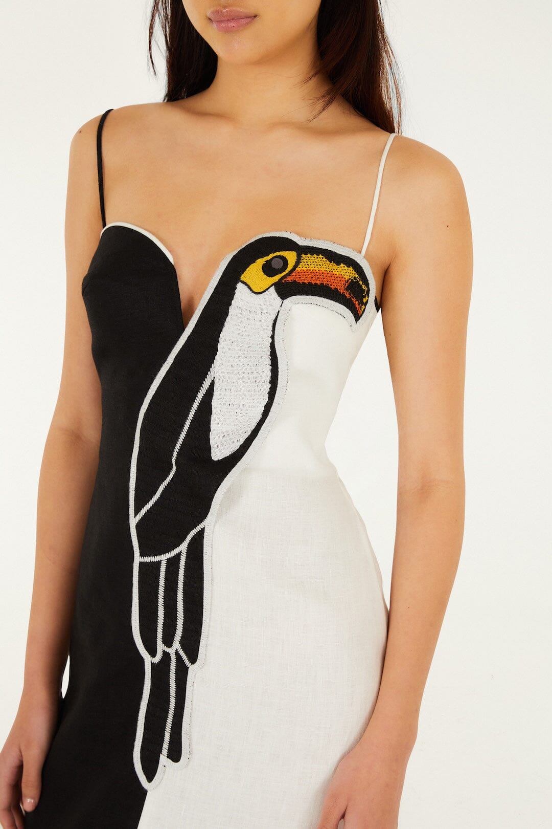 FARM Rio Shop Black And White Embroidered Toucan Euroflax Premium Linen Sleeveless Maxi Dress
