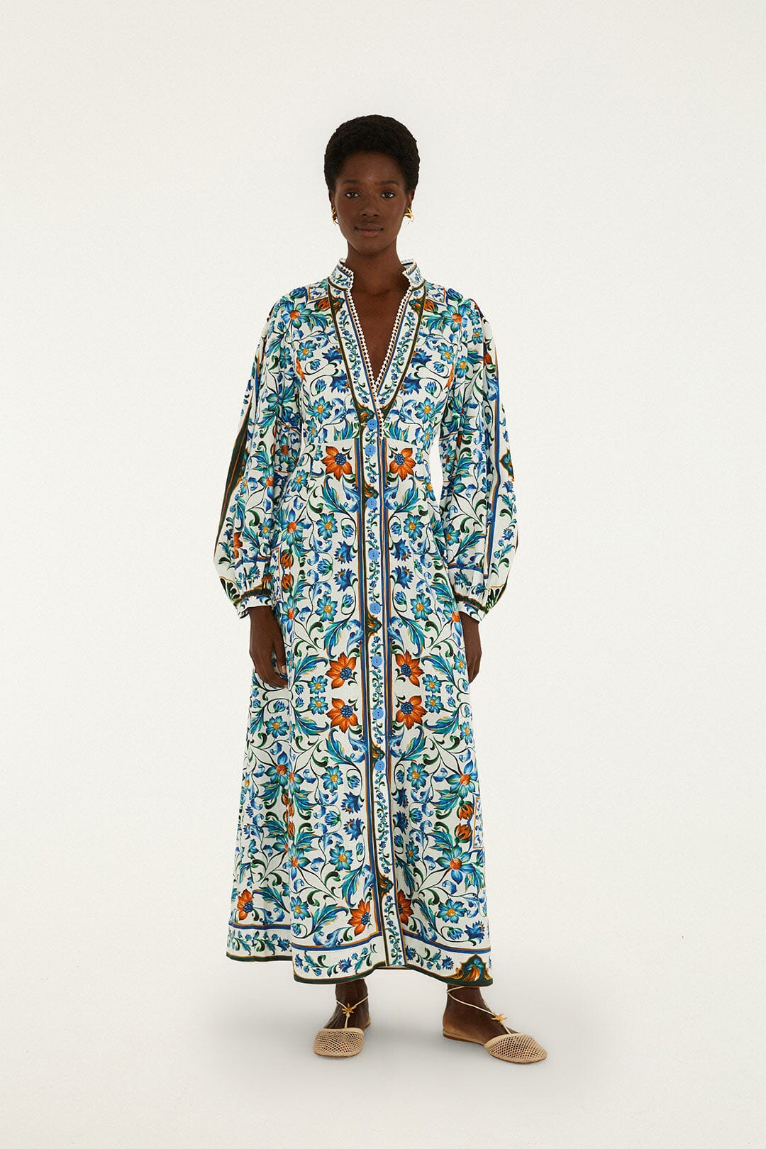 FARM Rio Shop Off-White Flora Tile Lenzing Ecovero Euroflax Maxi Dress