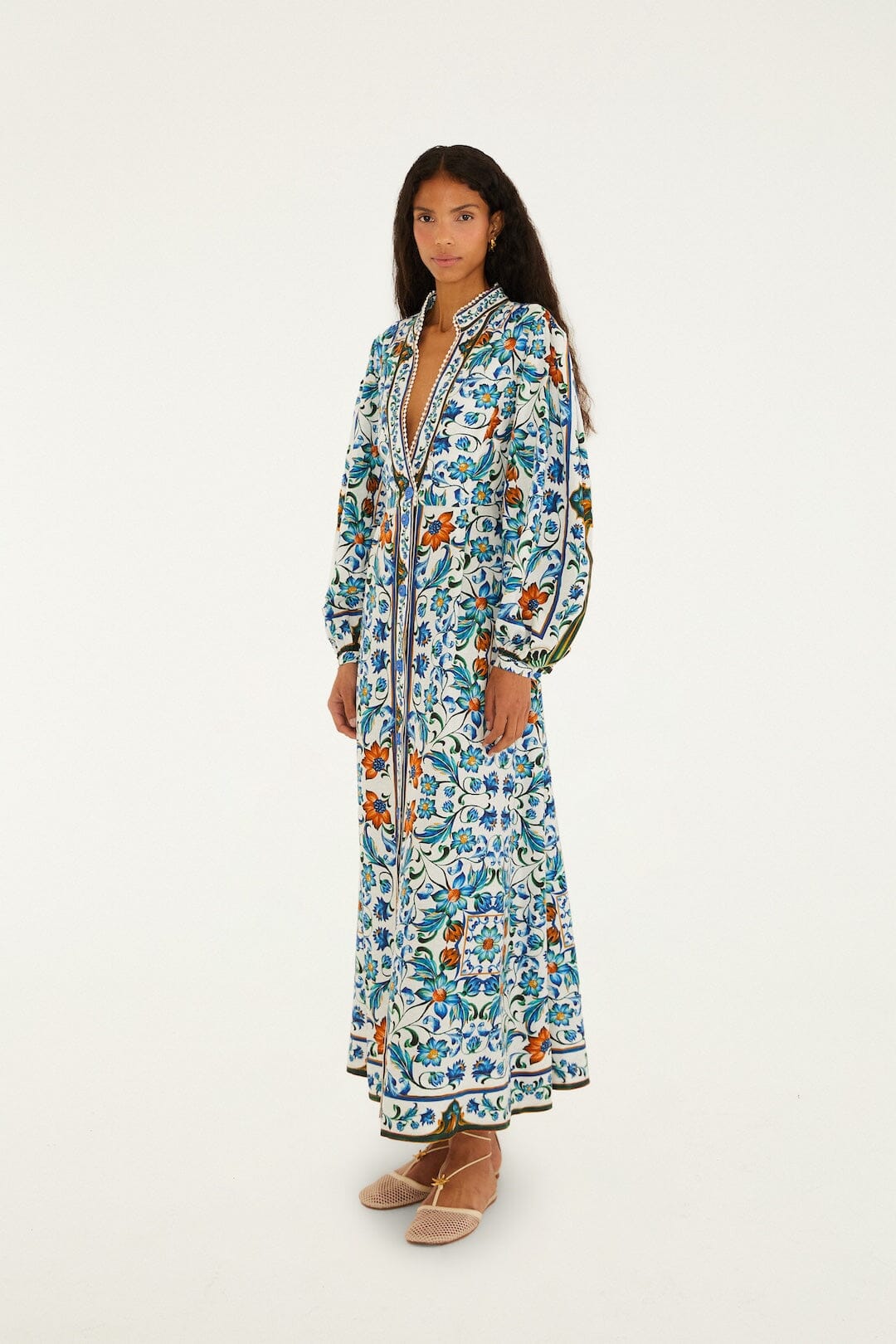 FARM Rio Shop Off-White Flora Tile Lenzing Ecovero Euroflax Maxi Dress