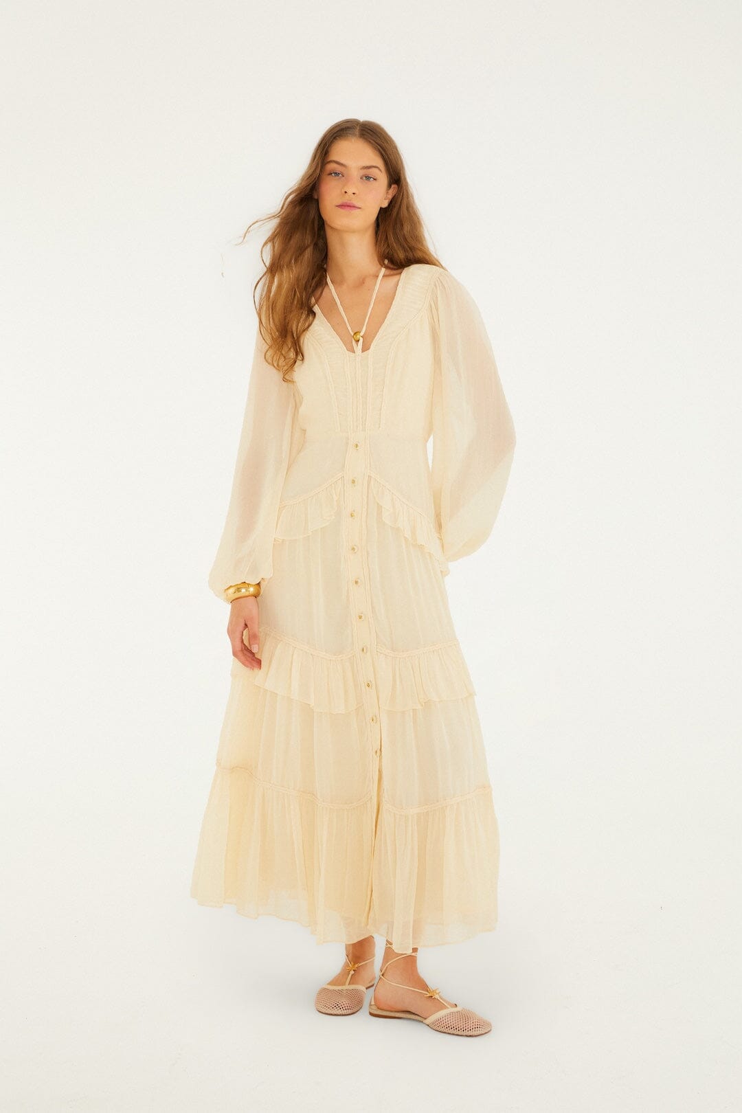 FARM Rio Shop Butter Yellow Ruffled Buttoned Maxi Dress