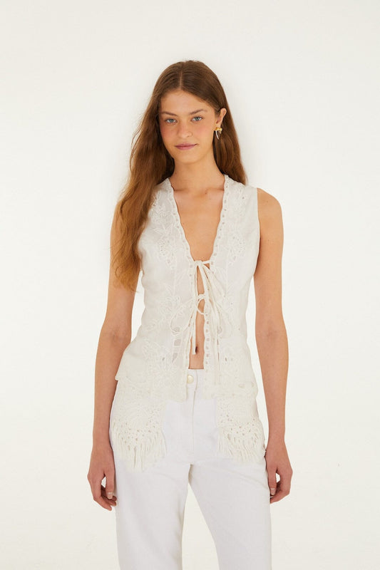 FARM Rio Shop Off-White Embroidered Lenzing Ecovero Euroflax Blouse
