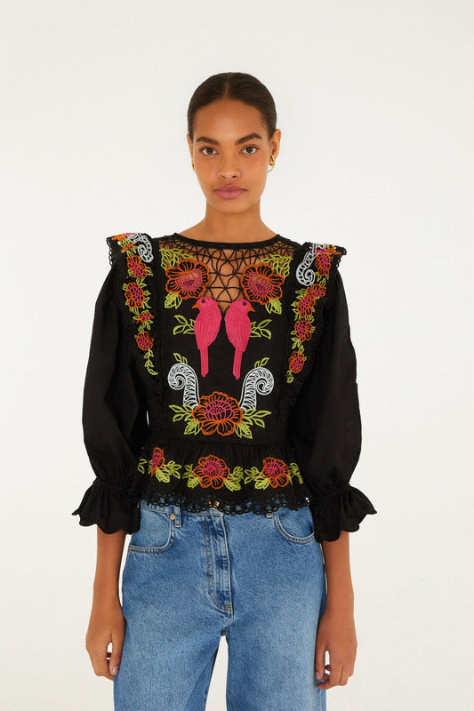 FARM Rio Shop Black Mujeres Y Flores Embroidered Organic Cotton Richelieu Blouse