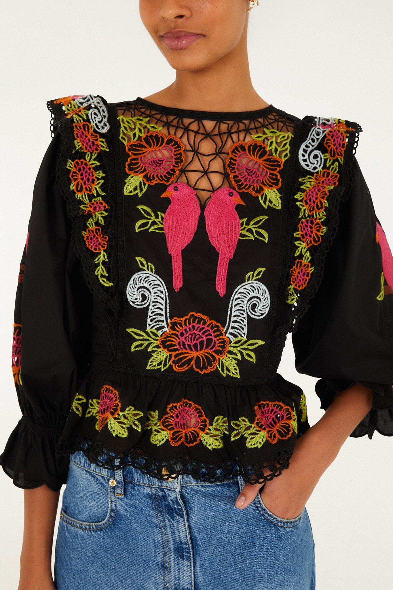 FARM Rio Shop Black Mujeres Y Flores Embroidered Organic Cotton Richelieu Blouse