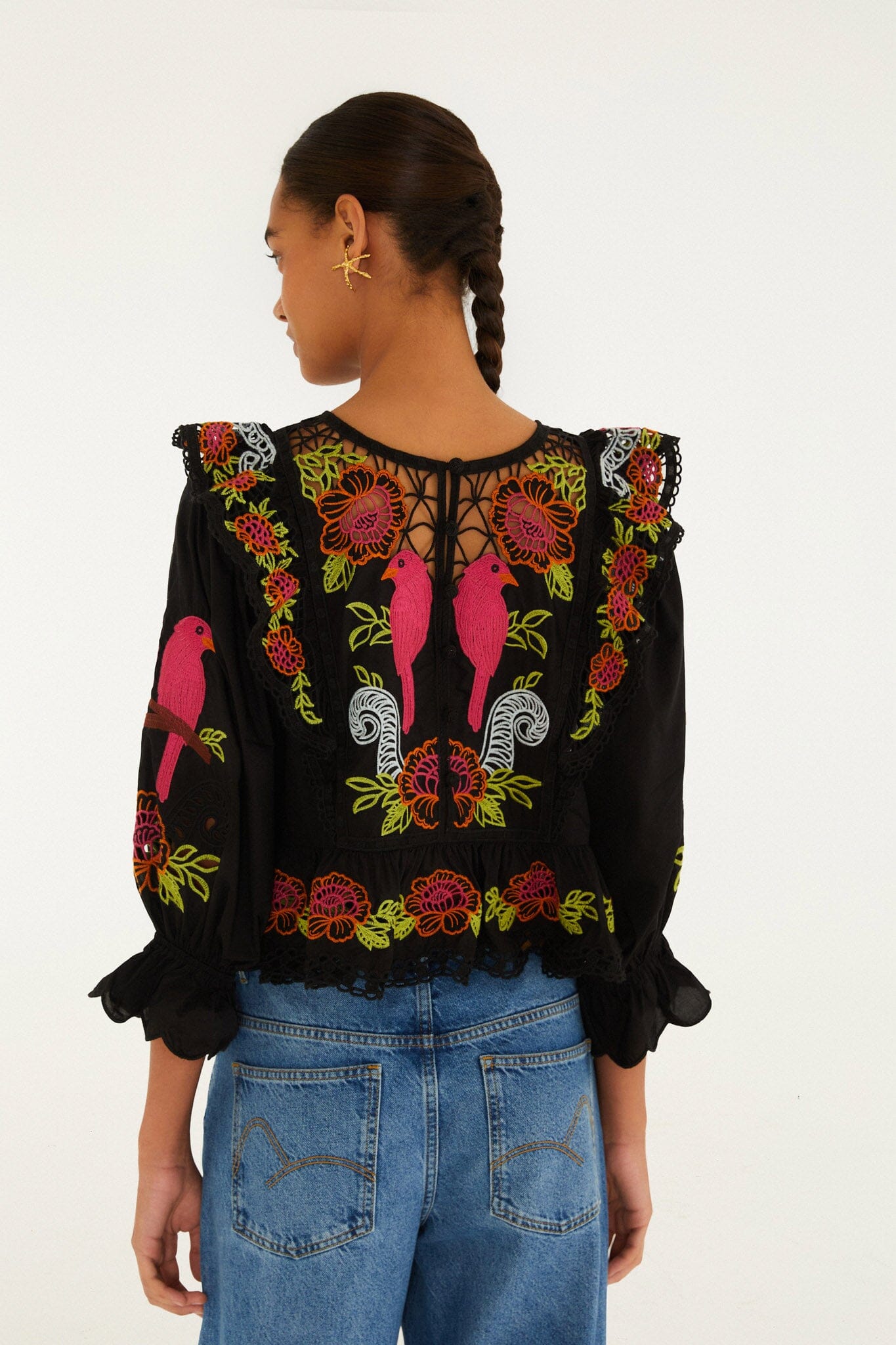 FARM Rio Shop Black Mujeres Y Flores Embroidered Organic Cotton Richelieu Blouse