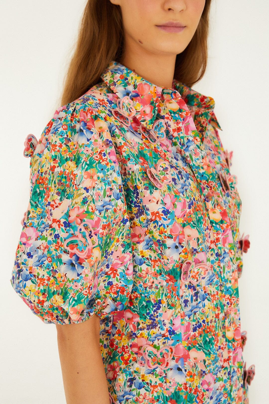 FARM Rio Shop Off-White Peasant Floral Butterflies Organic Cotton Blouse