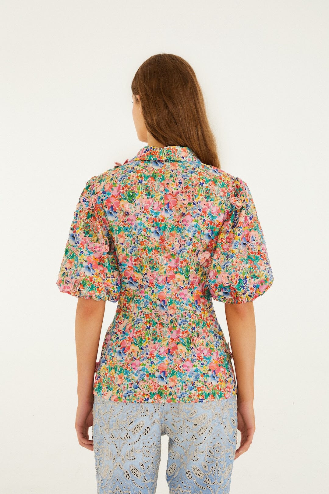 FARM Rio Shop Off-White Peasant Floral Butterflies Organic Cotton Blouse
