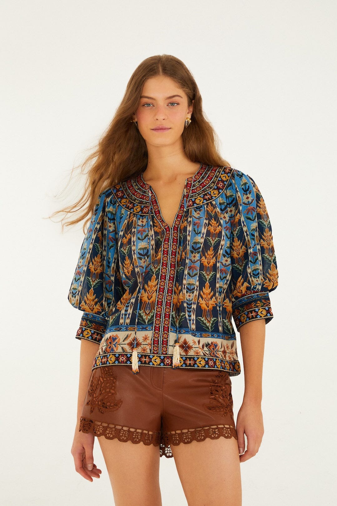 FARM Rio Shop Blue Embroidered Tapestry Tassels Puff Sleeve Blouse