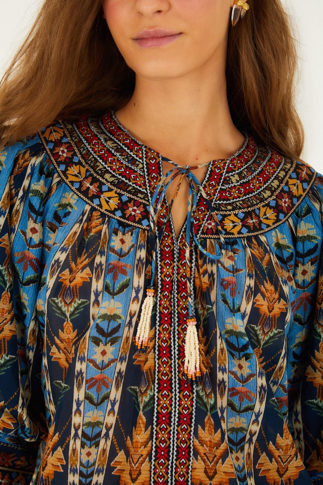 FARM Rio Shop Blue Embroidered Tapestry Tassels Puff Sleeve Blouse