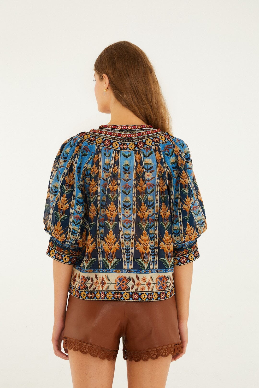 FARM Rio Shop Blue Embroidered Tapestry Tassels Puff Sleeve Blouse