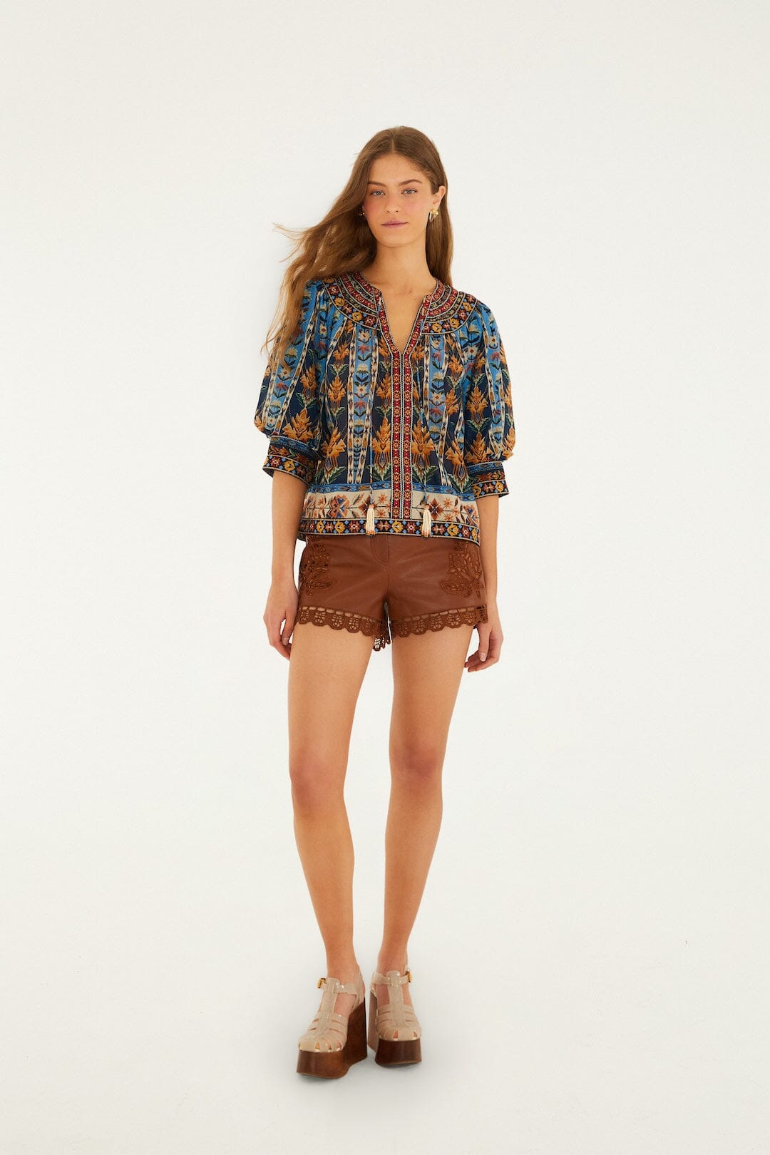 FARM Rio Shop Blue Embroidered Tapestry Tassels Puff Sleeve Blouse