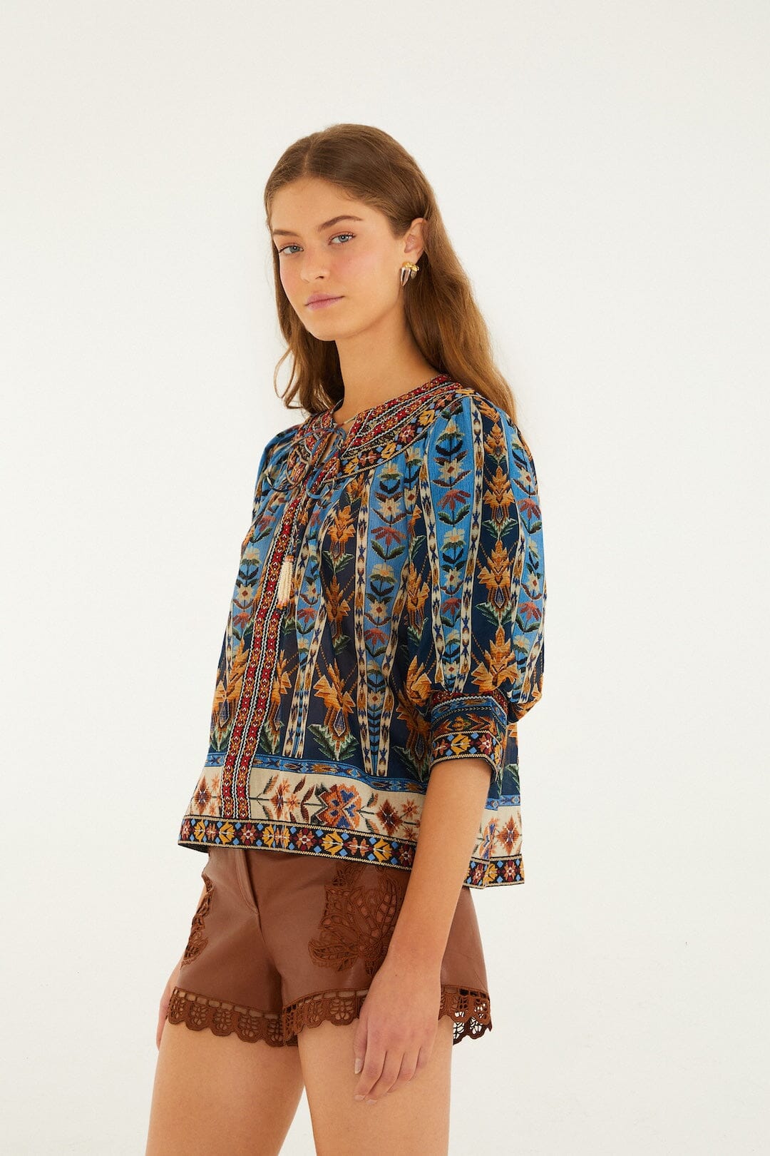 FARM Rio Shop Blue Embroidered Tapestry Tassels Puff Sleeve Blouse