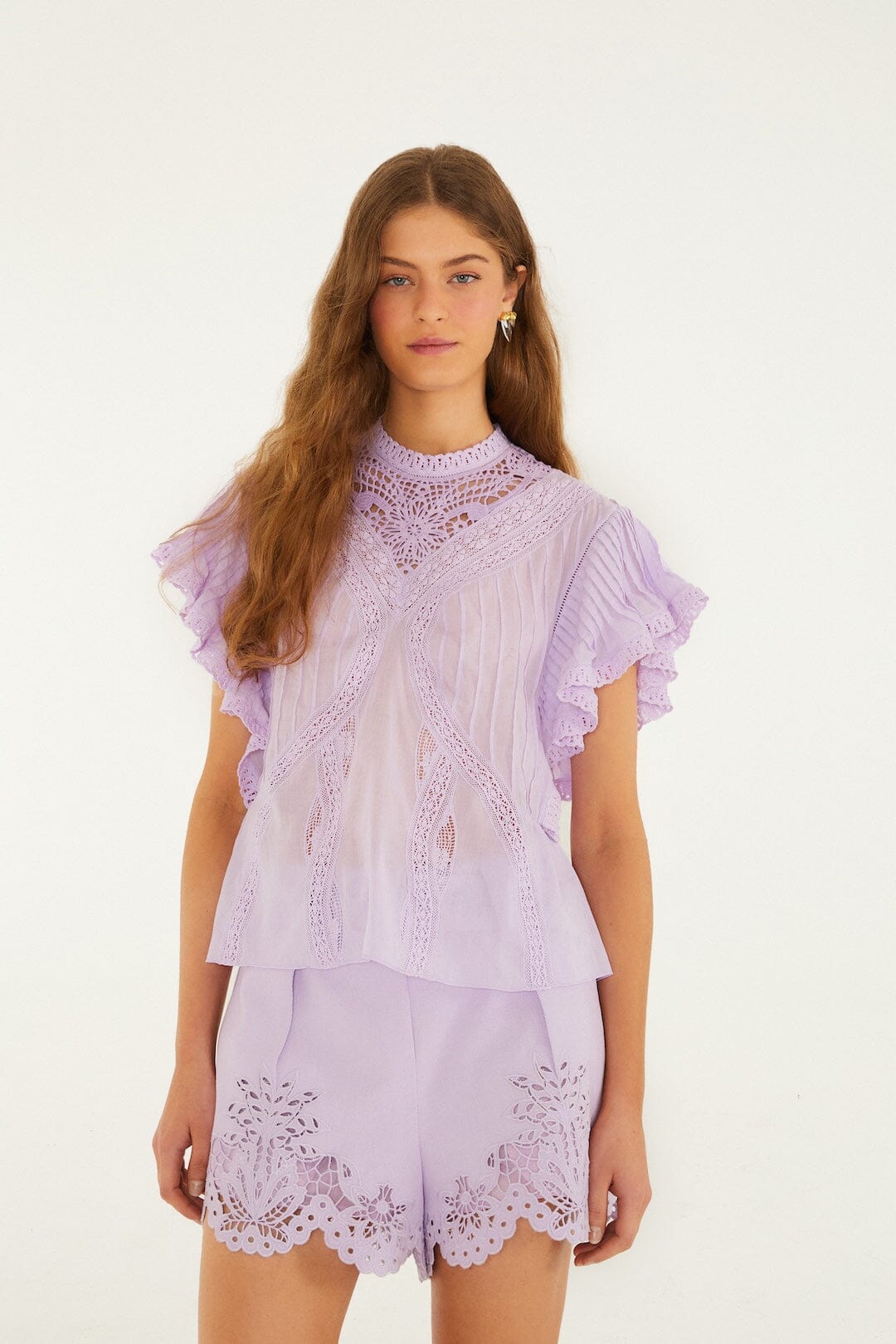 FARM Rio Shop Lilac Lace Ruffled Organic Cotton Blouse