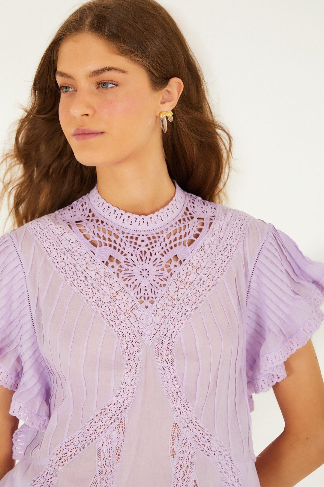 FARM Rio Shop Lilac Lace Ruffled Organic Cotton Blouse