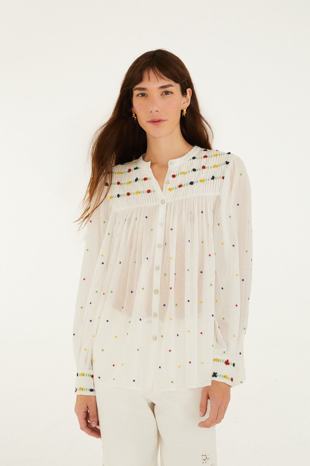 FARM Rio Shop Off-White Embroidered Beads Organic Cotton Long Sleeve Blouse