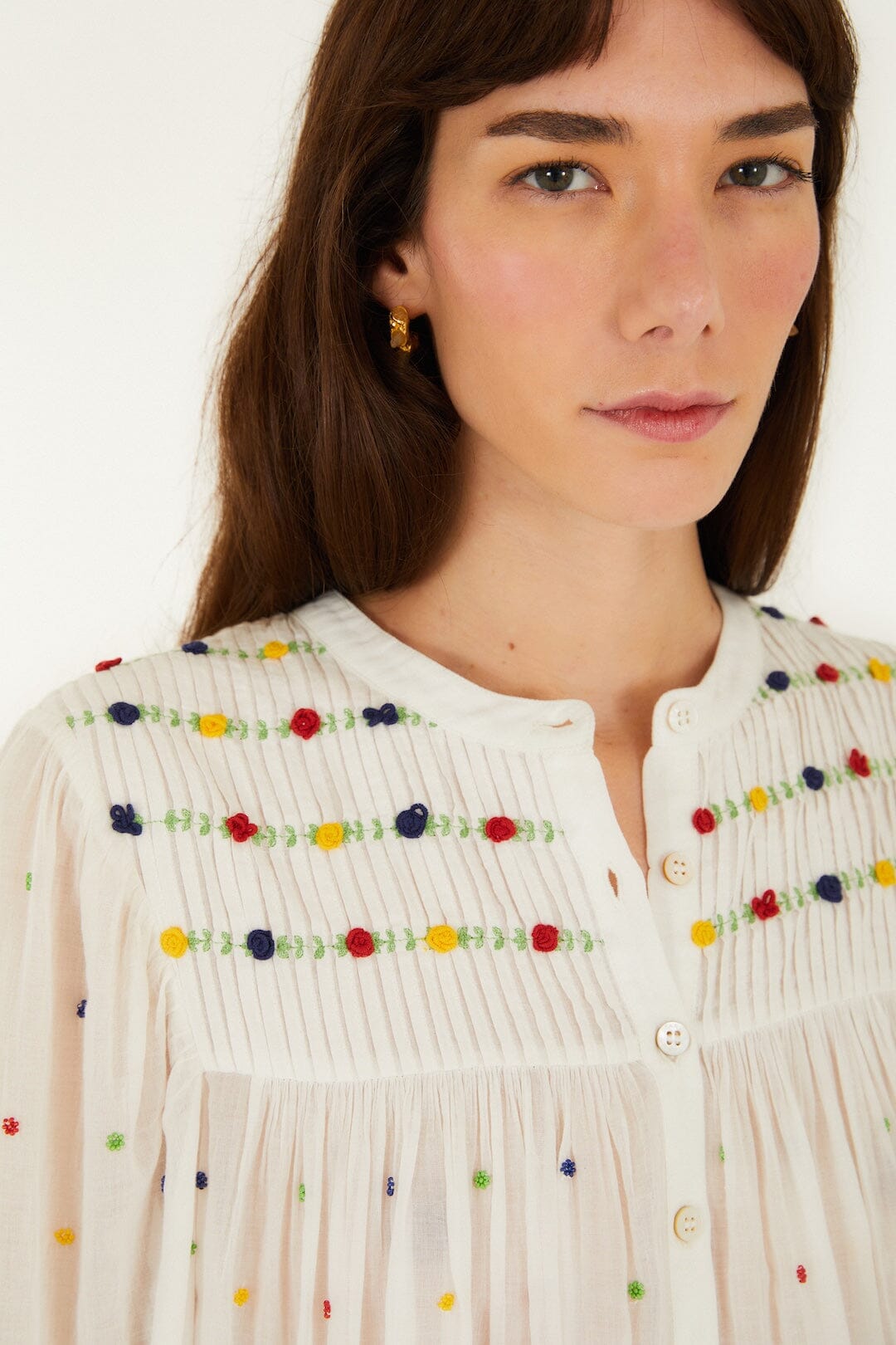 FARM Rio Shop Off-White Embroidered Beads Organic Cotton Long Sleeve Blouse