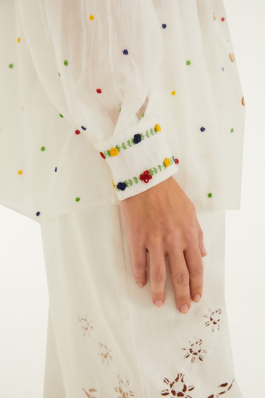 FARM Rio Shop Off-White Embroidered Beads Organic Cotton Long Sleeve Blouse