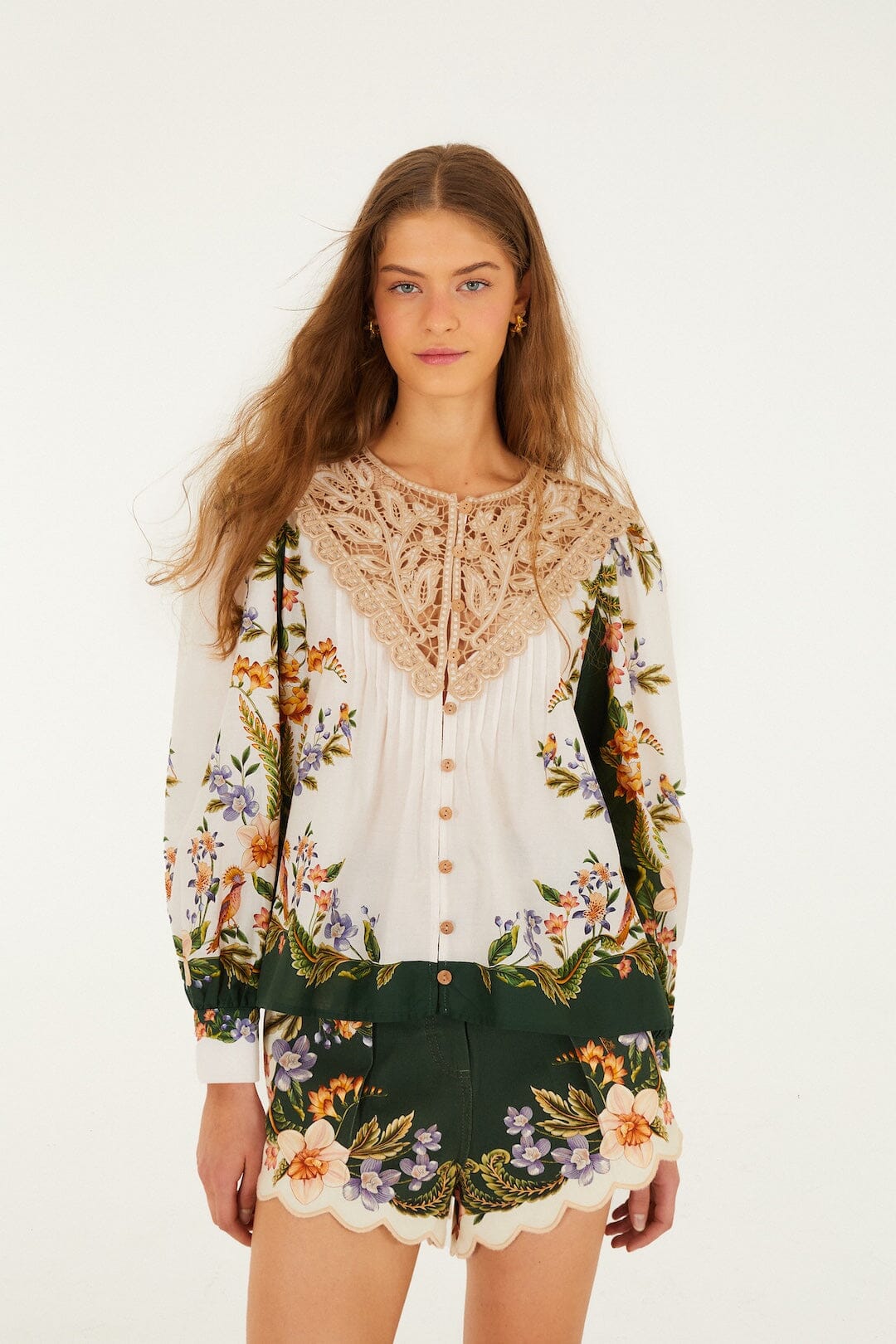 FARM Rio Shop Sand Nature Lace Long Sleeve Blouse