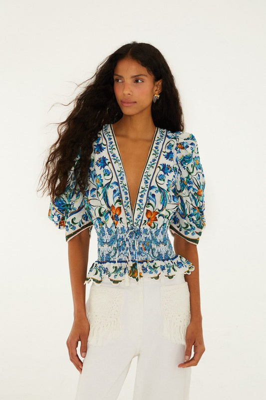 FARM Rio Shop Off-White Flora Tile Smocked Organic Cotton Blouse