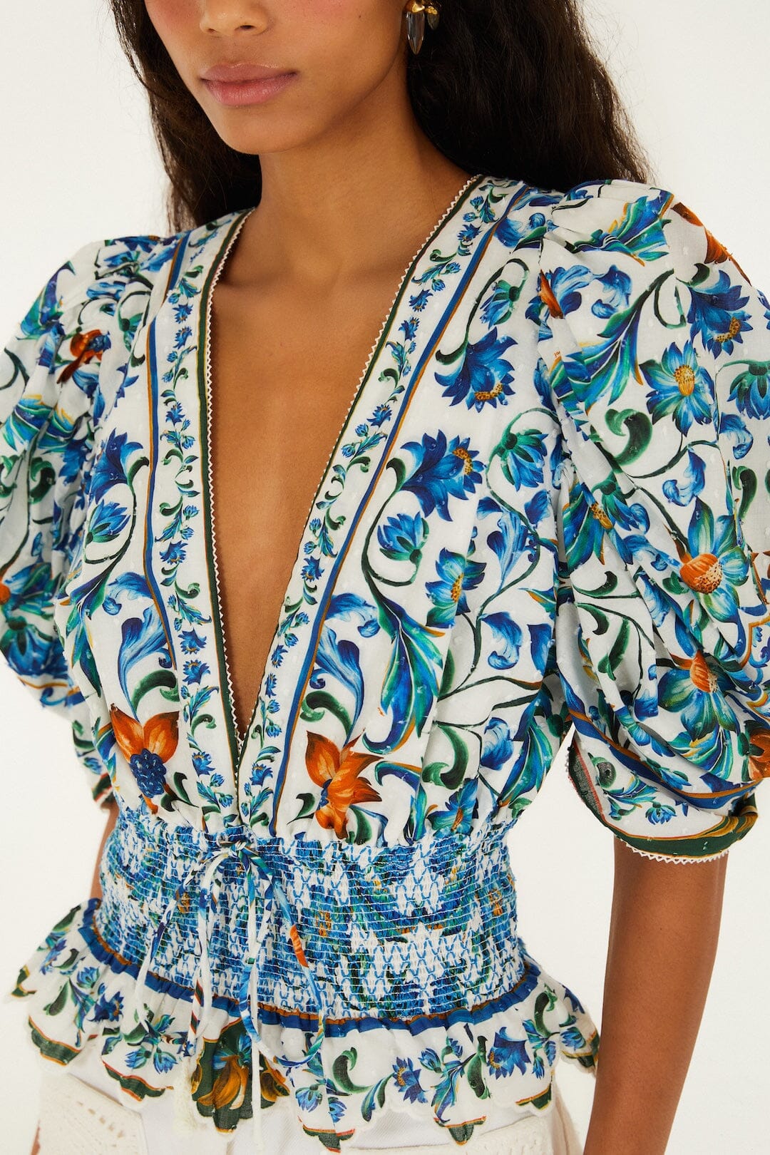 FARM Rio Shop Off-White Flora Tile Smocked Organic Cotton Blouse