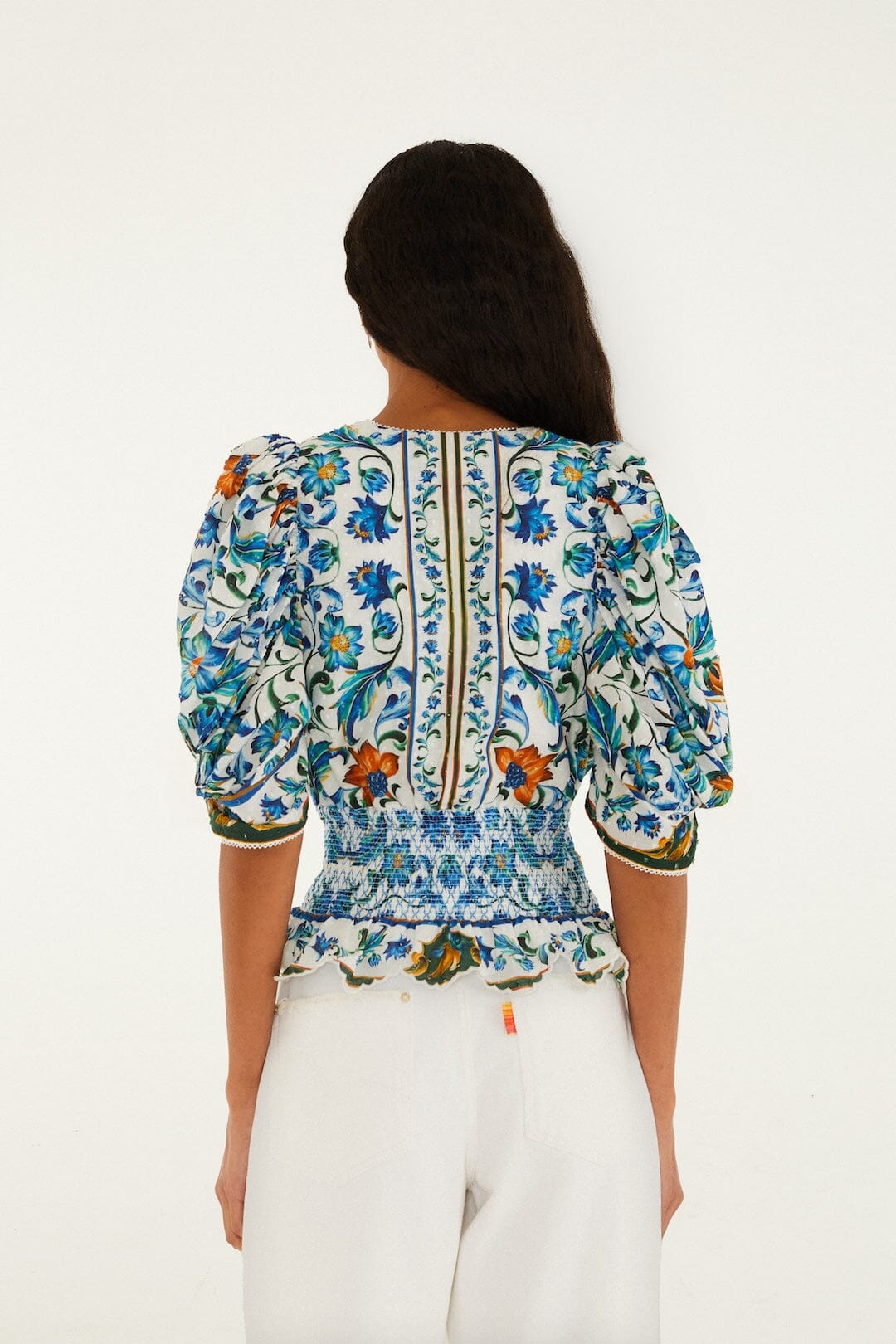FARM Rio Shop Off-White Flora Tile Smocked Organic Cotton Blouse